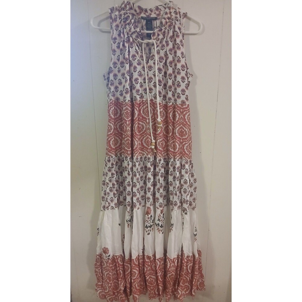 Chelsea & Theodore White and Rust Printed Tiered Midi Dress